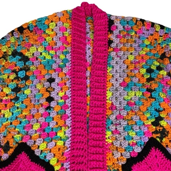 Handcrafted Crochet Hexagon Cardigan Sweater Open Front Wide Sleeve 2 Pockets - Picture 8 of 16